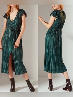 Urban Outfitters UO Green Miranda Metallic Pleated Midi Dress M Dark Fairy Boho